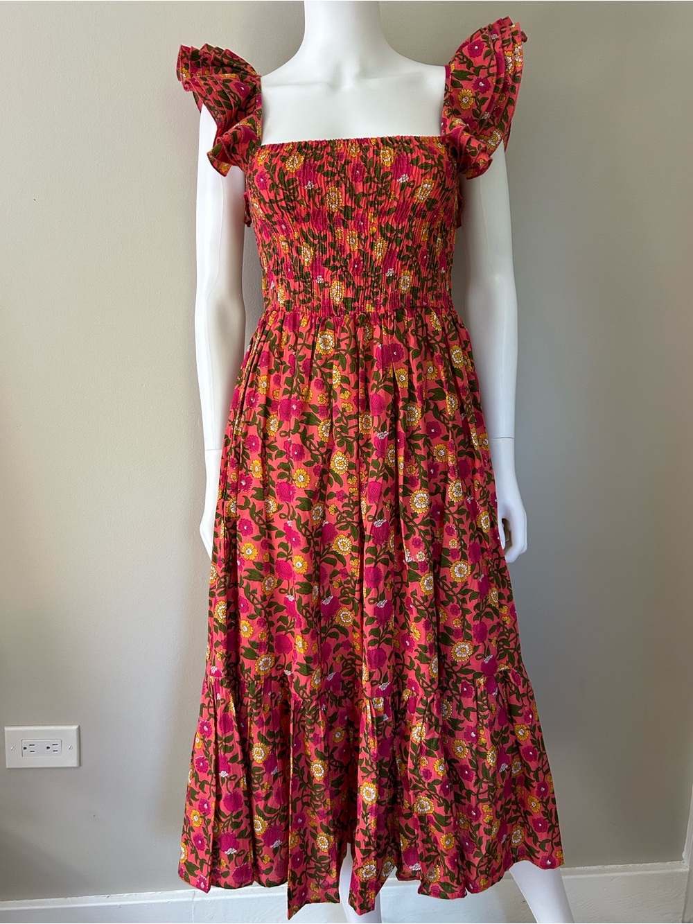 Mille Resort&Travel PinkFloralCottonMidiDress XS Smocked RuffleSleeveCottagecore